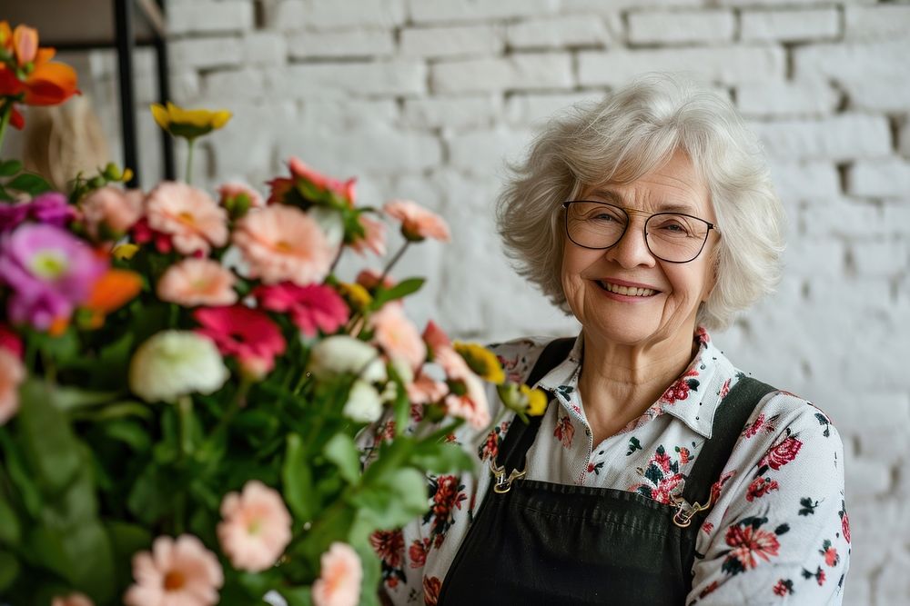 Senior woman florist glasses flower adult.