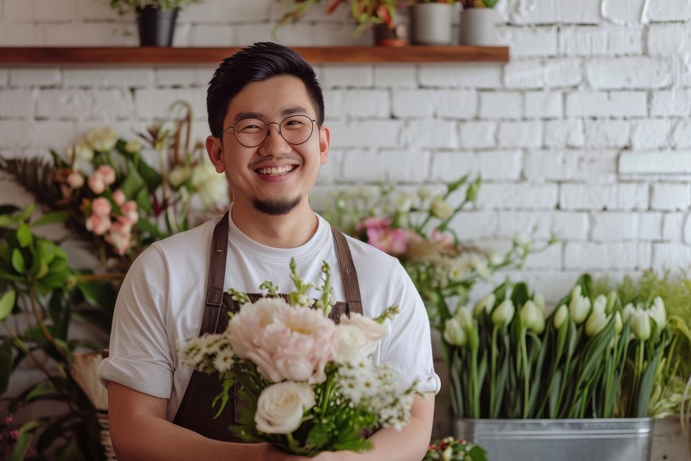 Young man florist working flower adult.