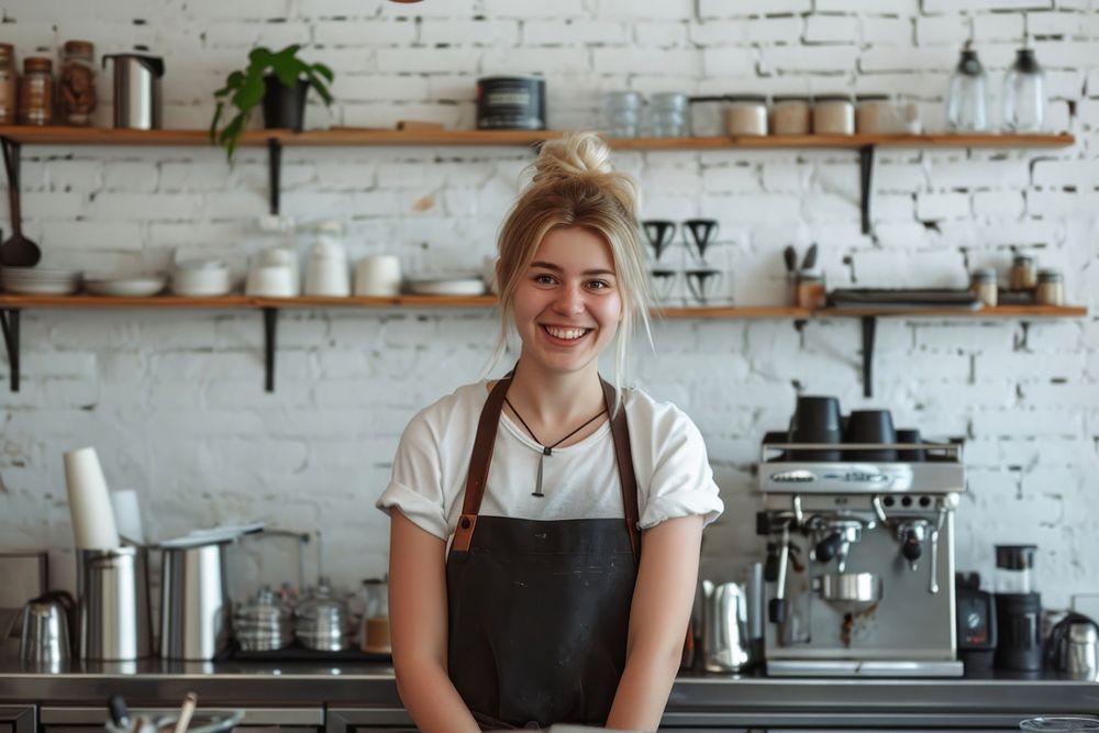 Young woman barista working smile entrepreneur.