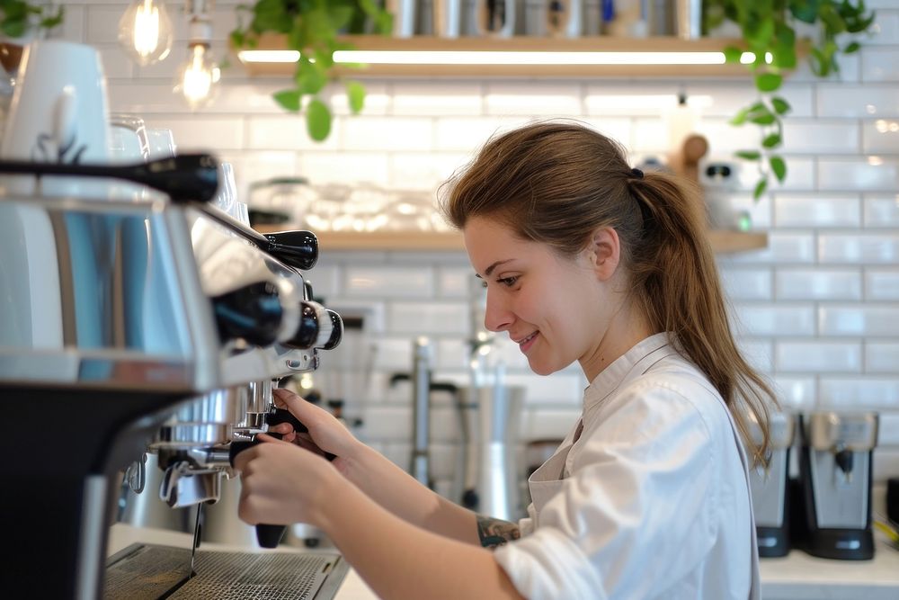 Young woman barista working coffeemaker restaurant.