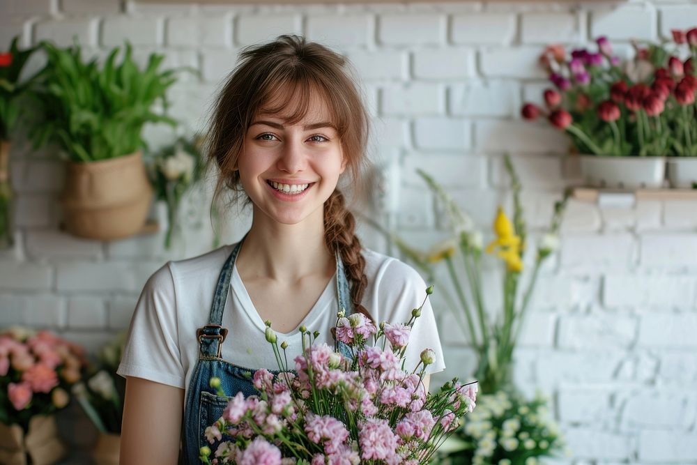 Young woman florist smile flower plant.
