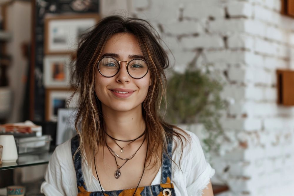 Young woman owner smile necklace glasses.