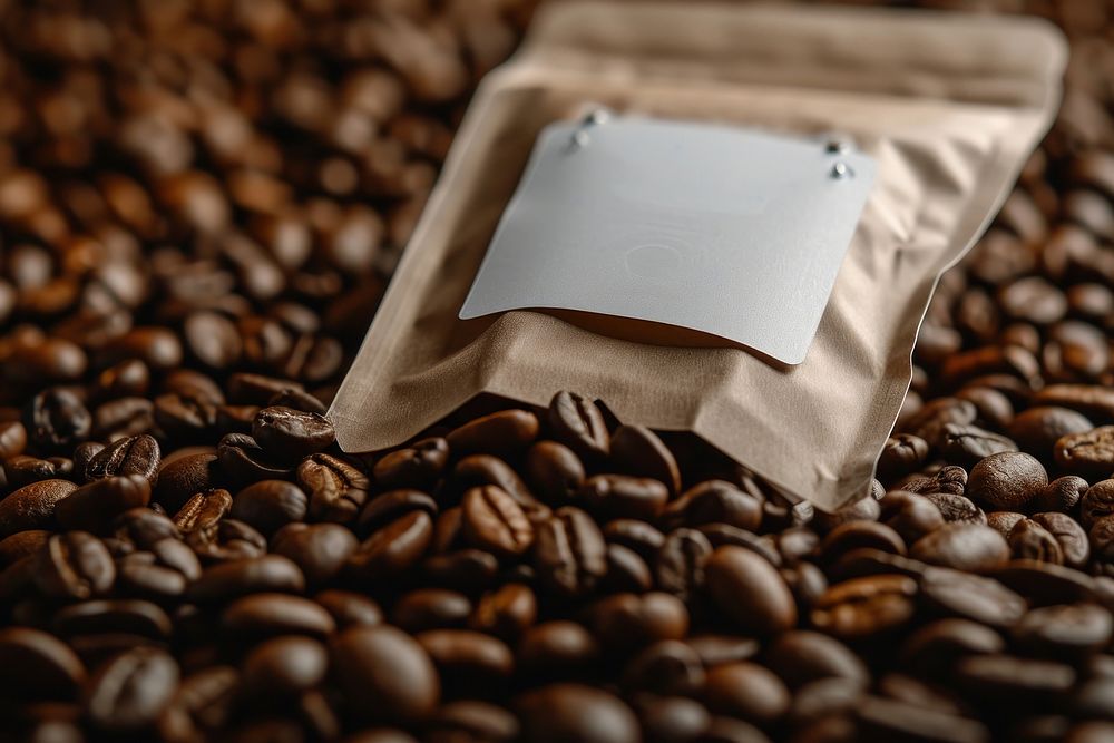 Coffee pouch bag mockup coffee beans still life freshness.