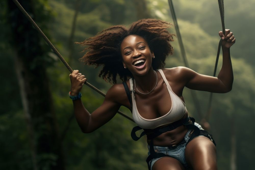 Black mature woman on zipline adventure adult rope.