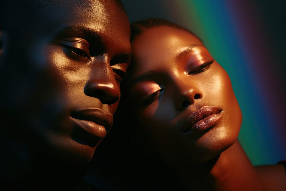 Rainbow light on black couple face photography portrait adult.