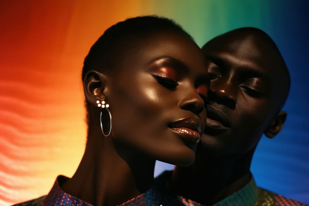 Rainbow light on black couple face photography portrait jewelry.