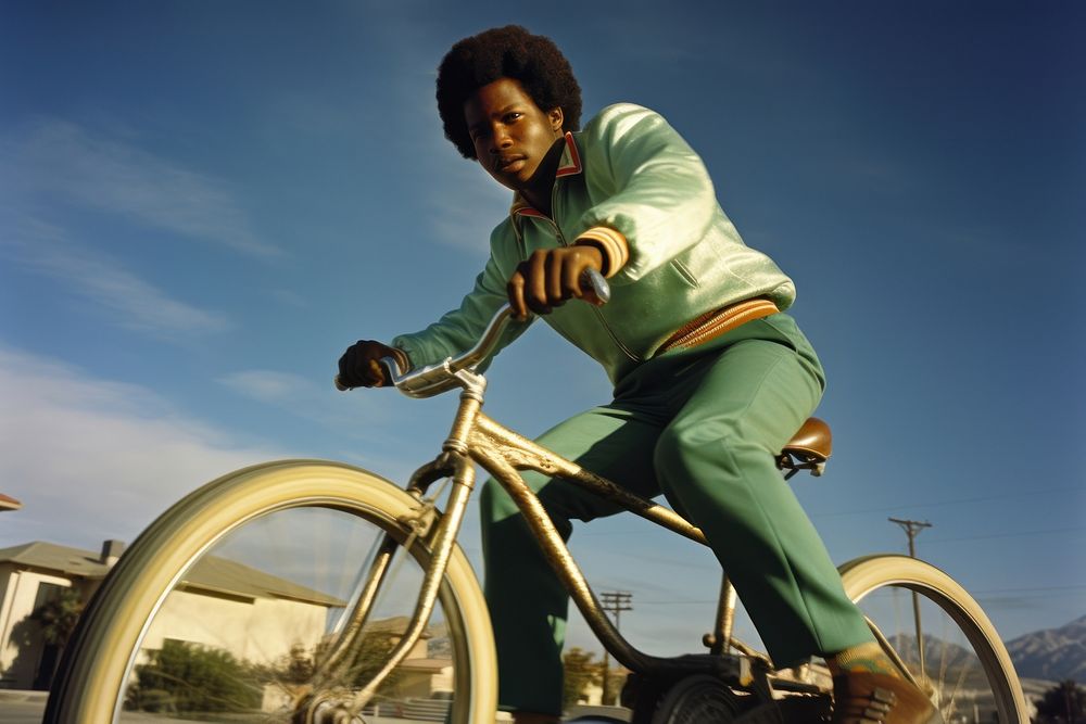 Young black man riding lowrider bike bicycle vehicle cycling.