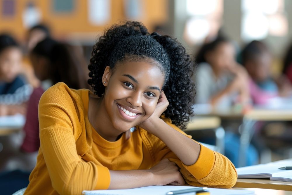 Black female student having an exam classroom looking happy.