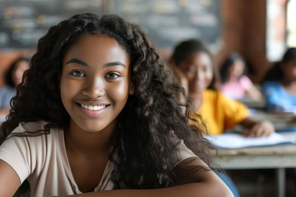 Black female student having an exam classroom looking smile.