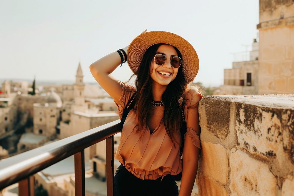 Happy Middle eastern girl traveler on the viewing smile adult architecture.