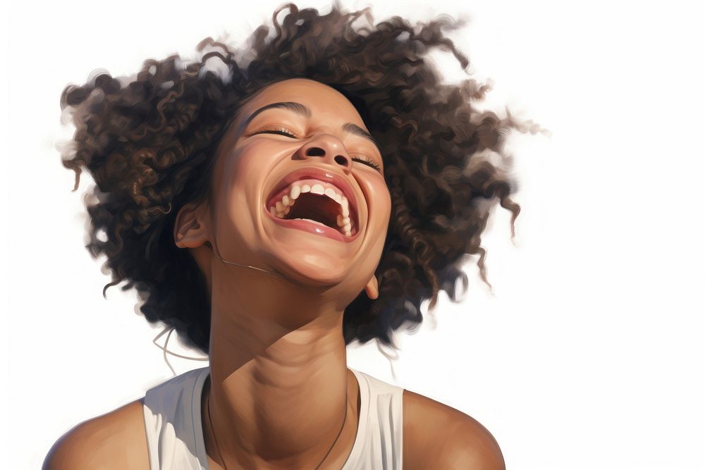 Portrait of real african american woman laughing in studio adult white background accessories.