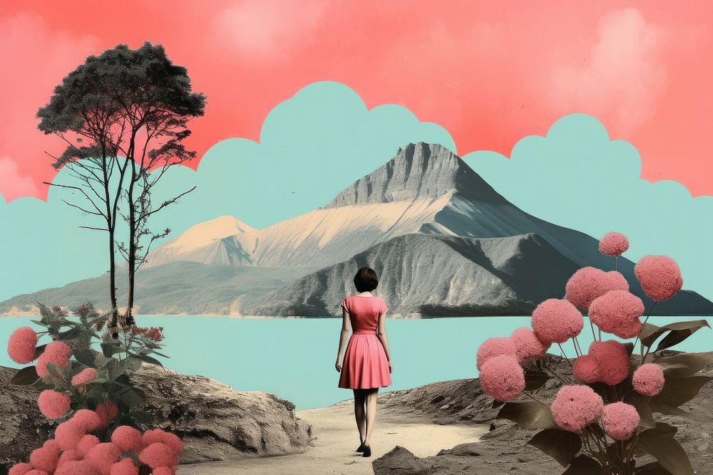 Collage Retro dreamy nature outdoors walking art.