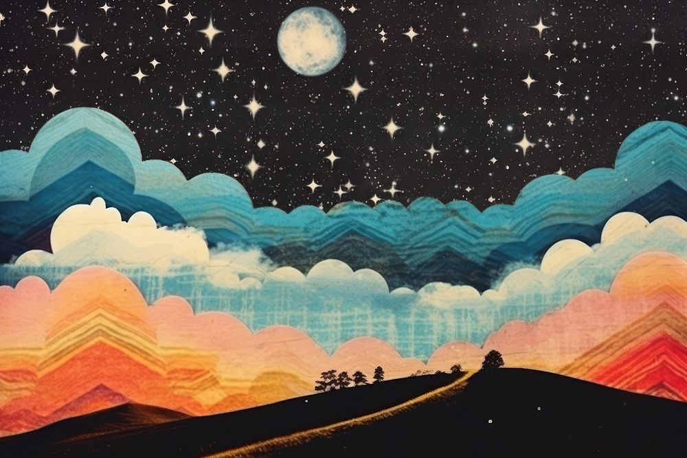 Collage Retro dreamy night sky astronomy outdoors painting.