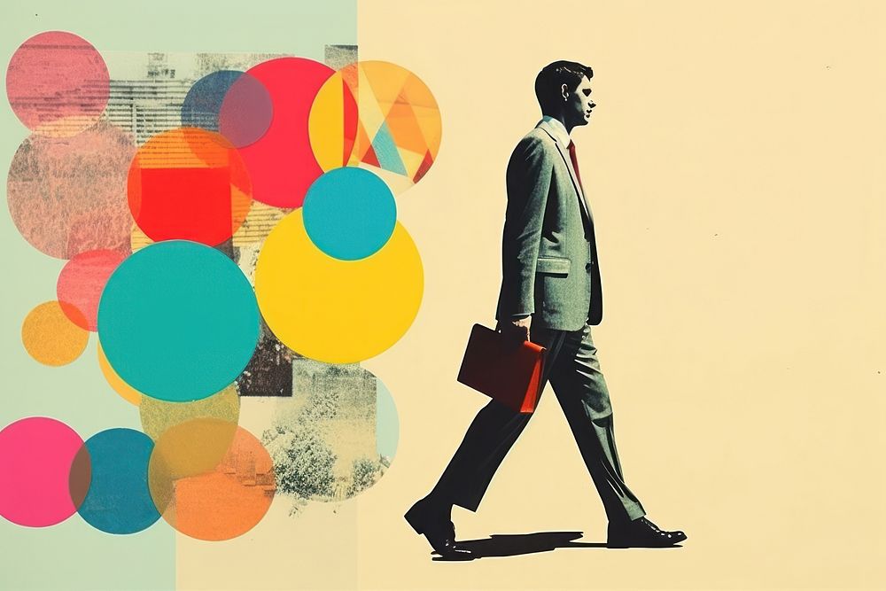 Collage Retro dreamy business man walking briefcase adult art.