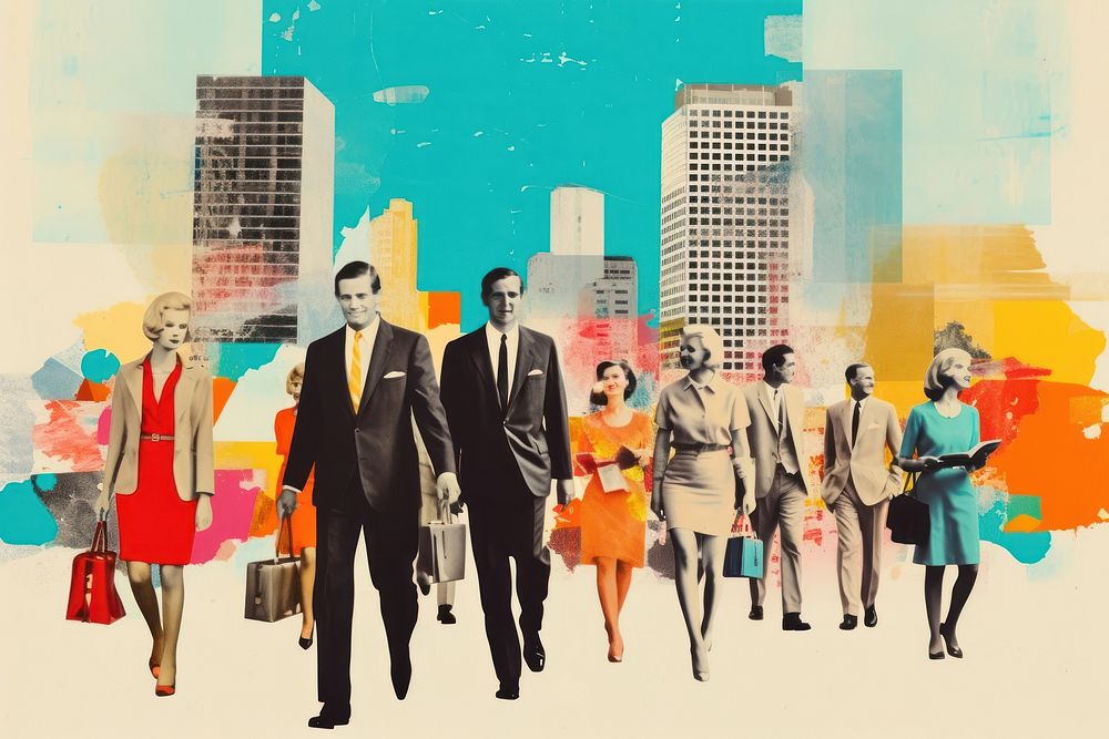 Collage Retro dreamy business people walking footwear adult city.