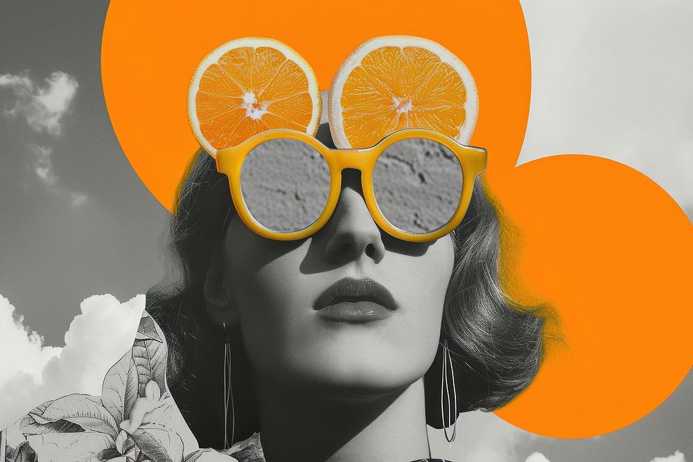 Minimal Collage Retro dreamy background grapefruit sunglasses portrait.