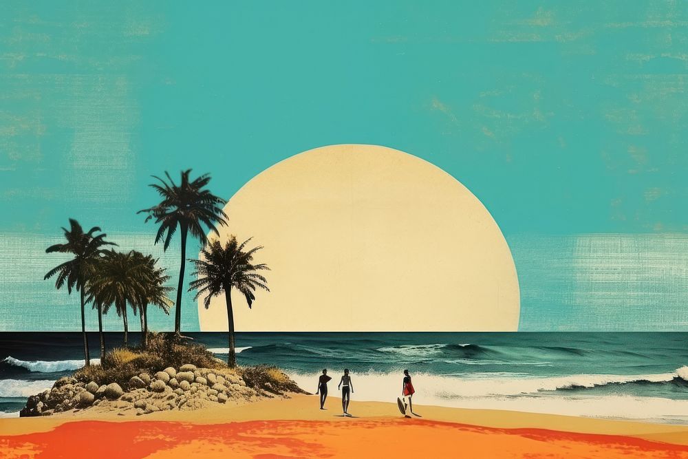 Collage Retro dreamy beach and people surfing outdoors horizon nature.