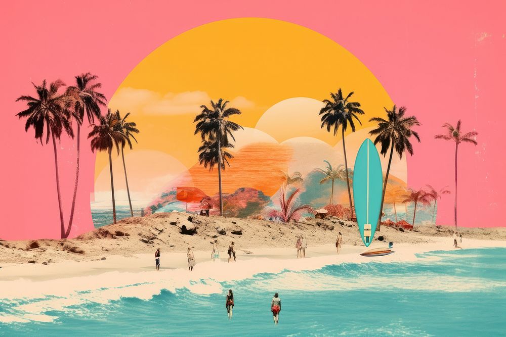 Collage Retro dreamy beach and people surfing art outdoors painting.