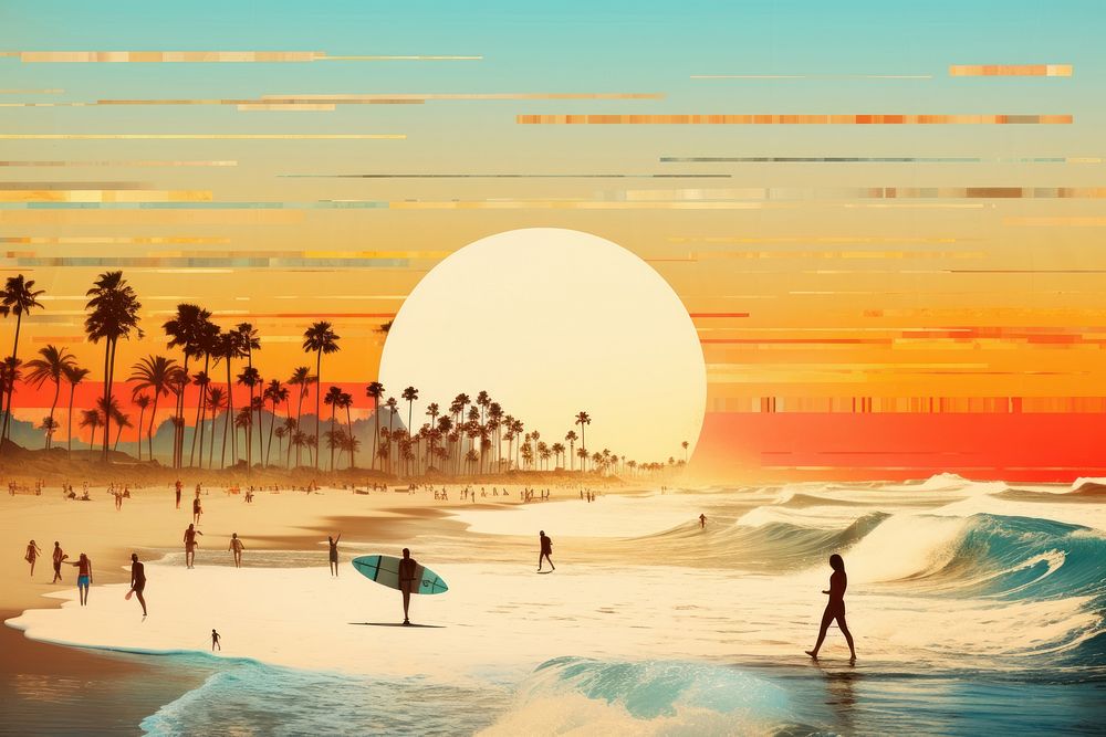 Collage Retro dreamy beach and people surfing outdoors nature summer.