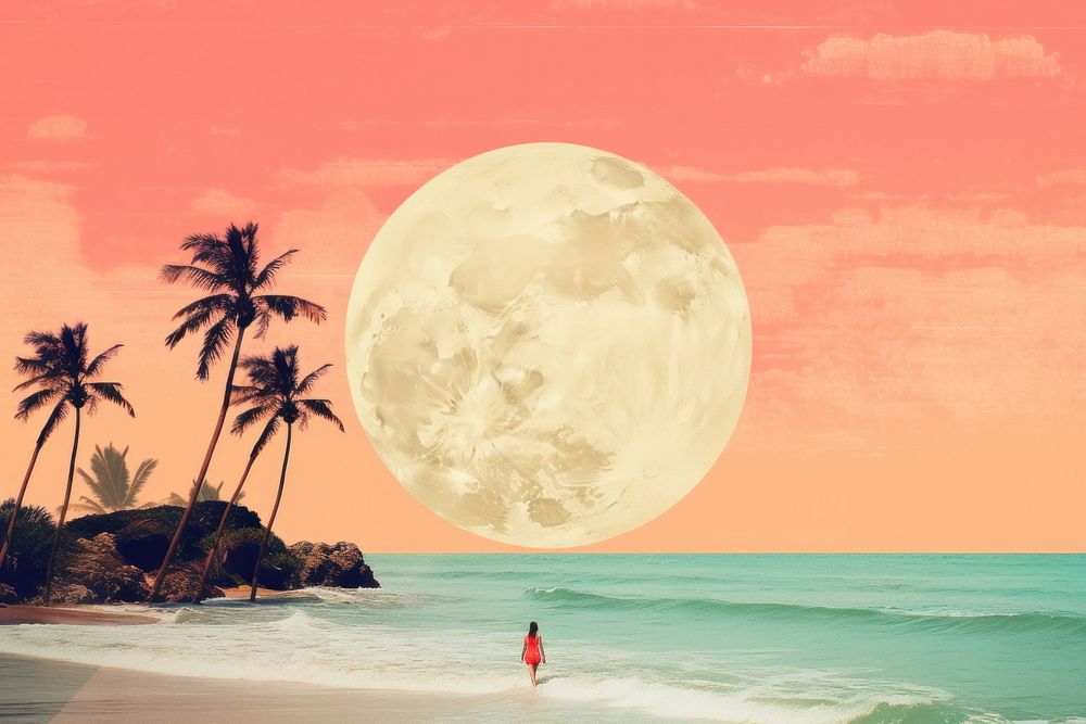 Collage Retro dreamy beach and sunset astronomy outdoors nature.