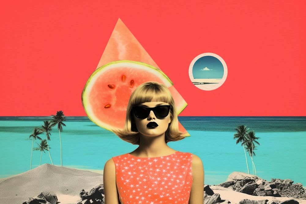 Collage Retro dreamy beach sunglasses portrait summer.
