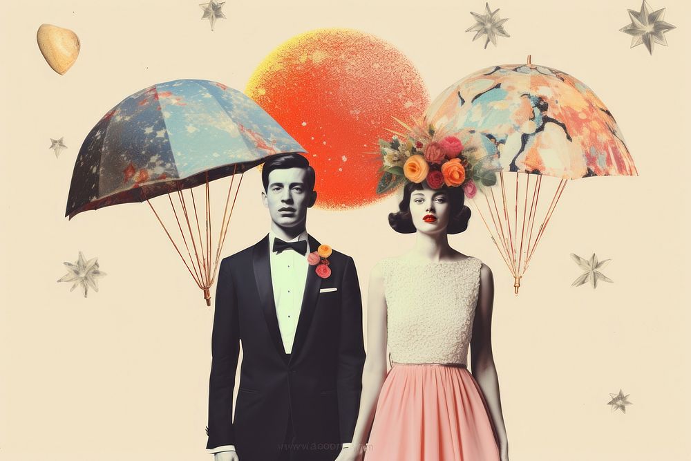 Collage Retro dreamy bride and groom adult togetherness celebration.