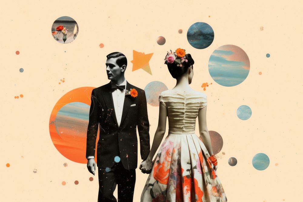 Collage Retro dreamy bride and groom fashion wedding adult.