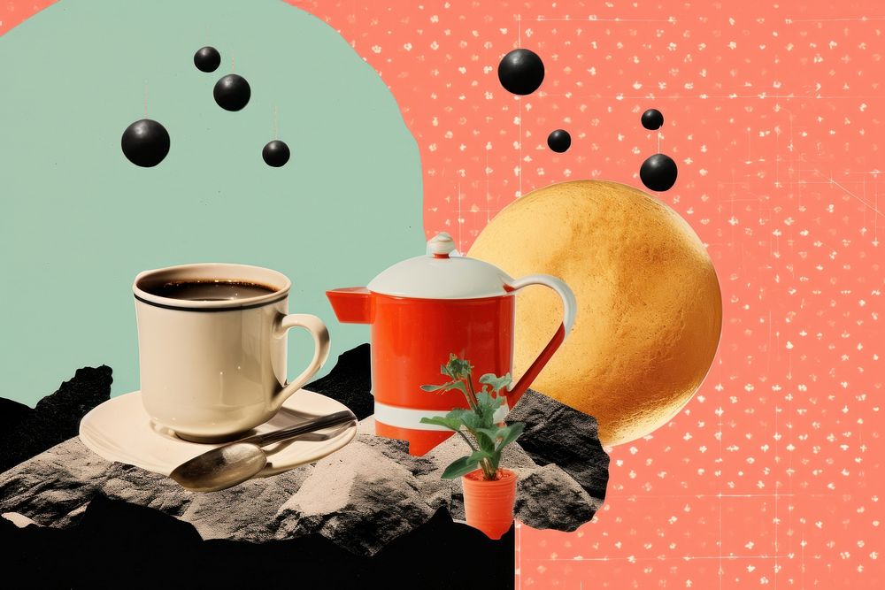 Collage Retro dreamy coffee saucer drink plant.