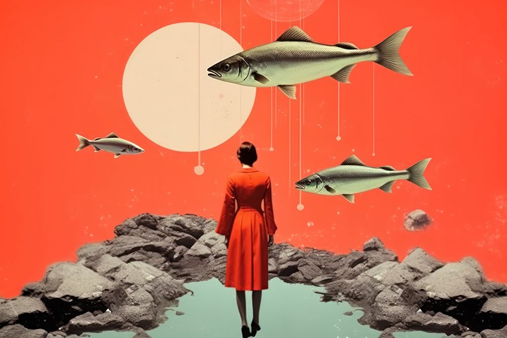 Collage Retro dreamy fishing standing nature adult.