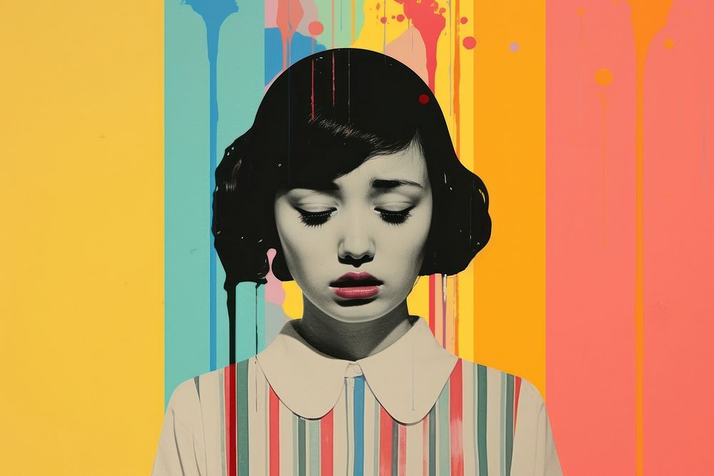 Collage Retro dreamy girl crying art portrait painting.