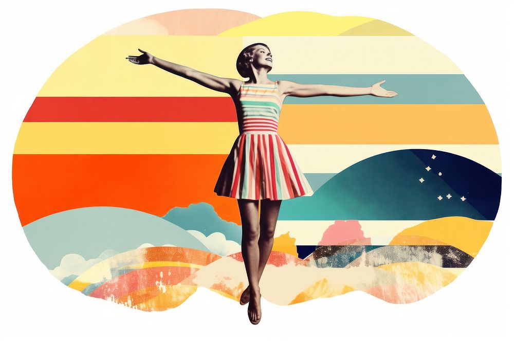 Collage Retro dreamy girl jumping dancing fun art.