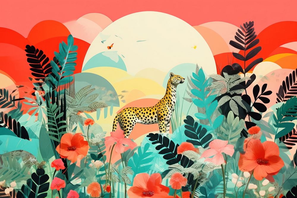 Collage Retro dreamy jungle wildlife outdoors leopard.