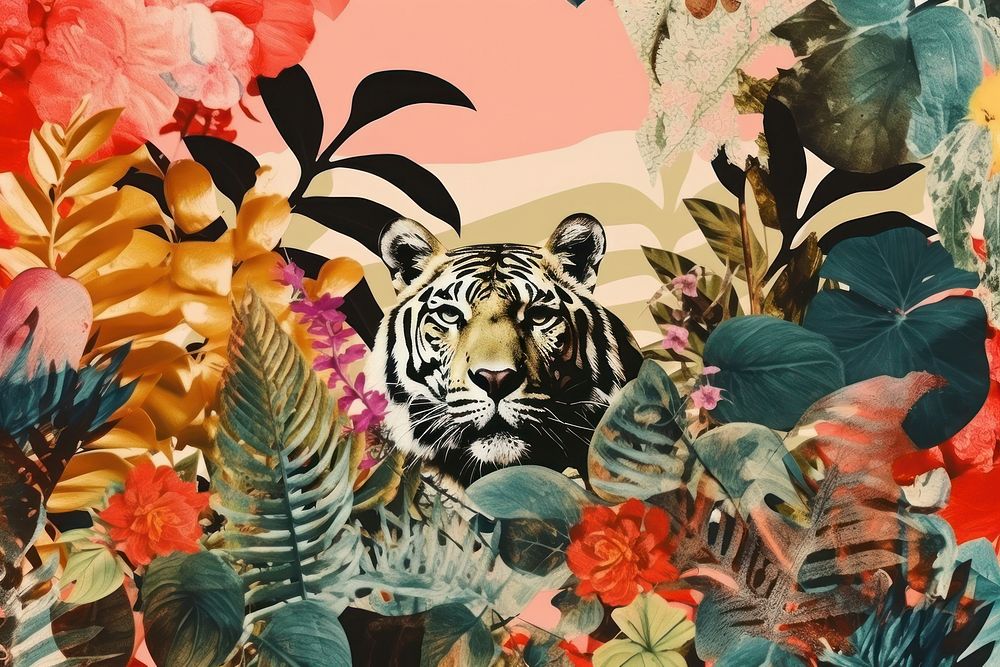 Collage Retro dreamy jungle wildlife outdoors pattern.
