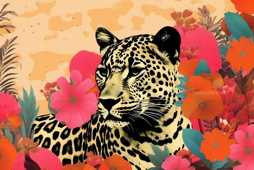Collage Retro dreamy leopard wildlife pattern animal.