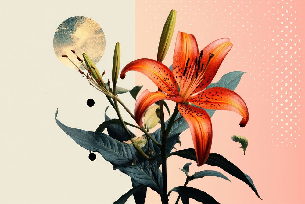 Collage Retro dreamy lily flower plant inflorescence.