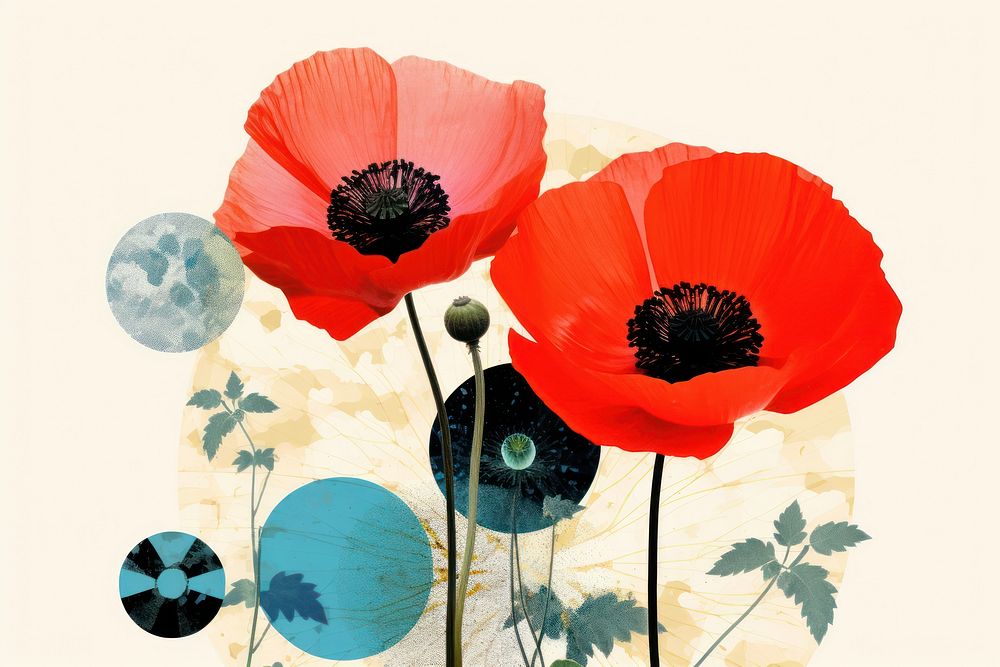 Collage Retro dreamy poppy flower plant art.