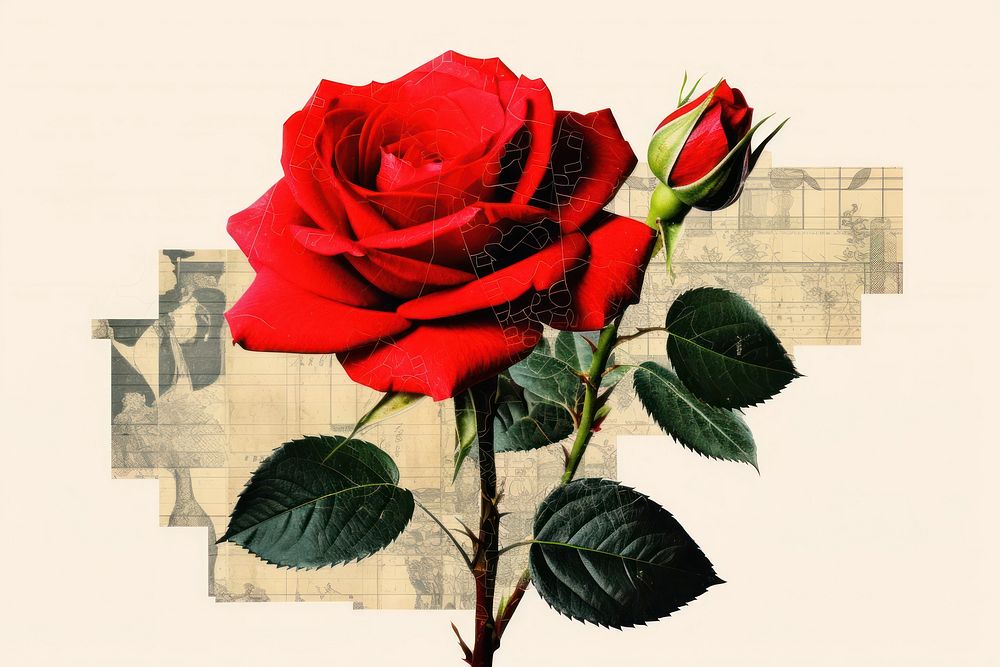 Collage Retro dreamy red rose flower plant inflorescence.