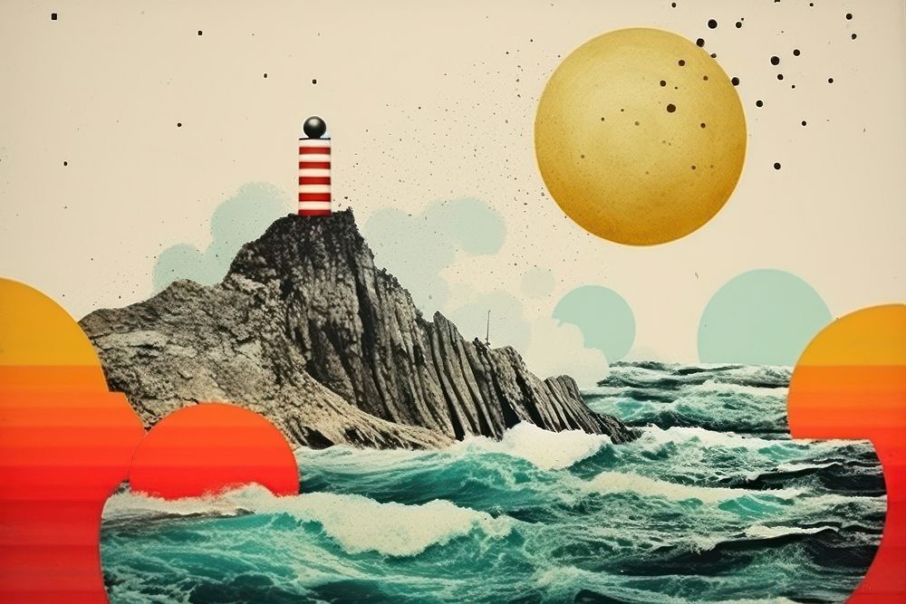Collage Retro dreamy sea lighthouse outdoors nature.