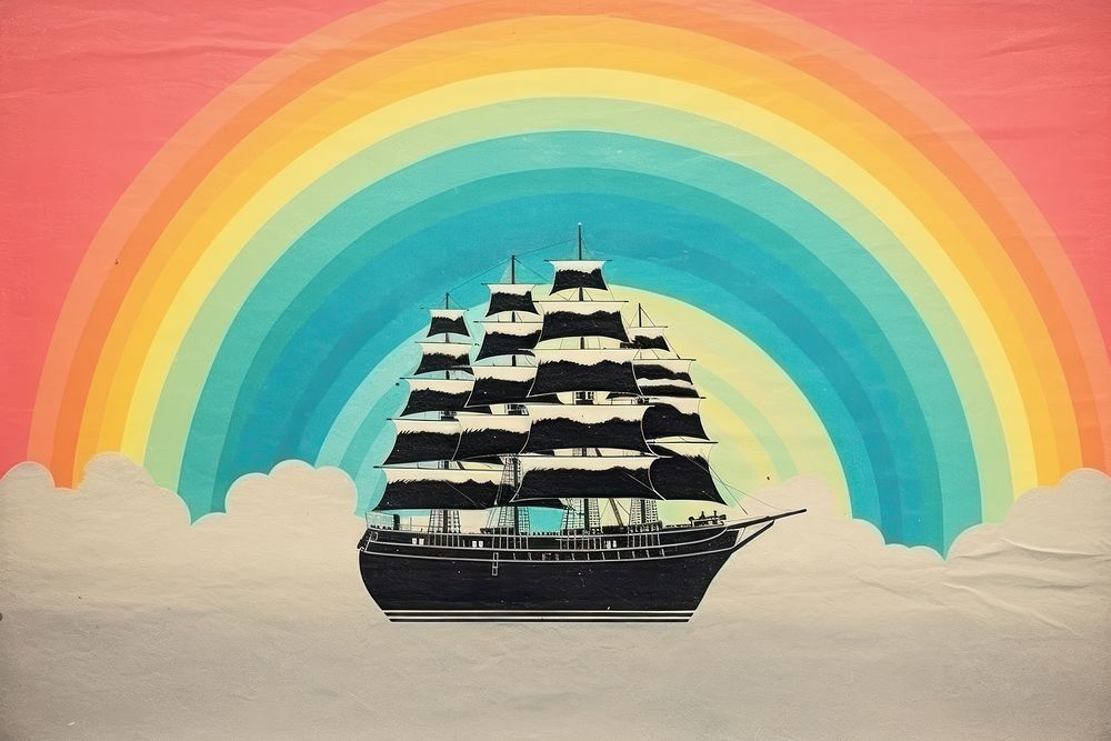 Collage Retro dreamy ship and rainbow watercraft sailboat painting.