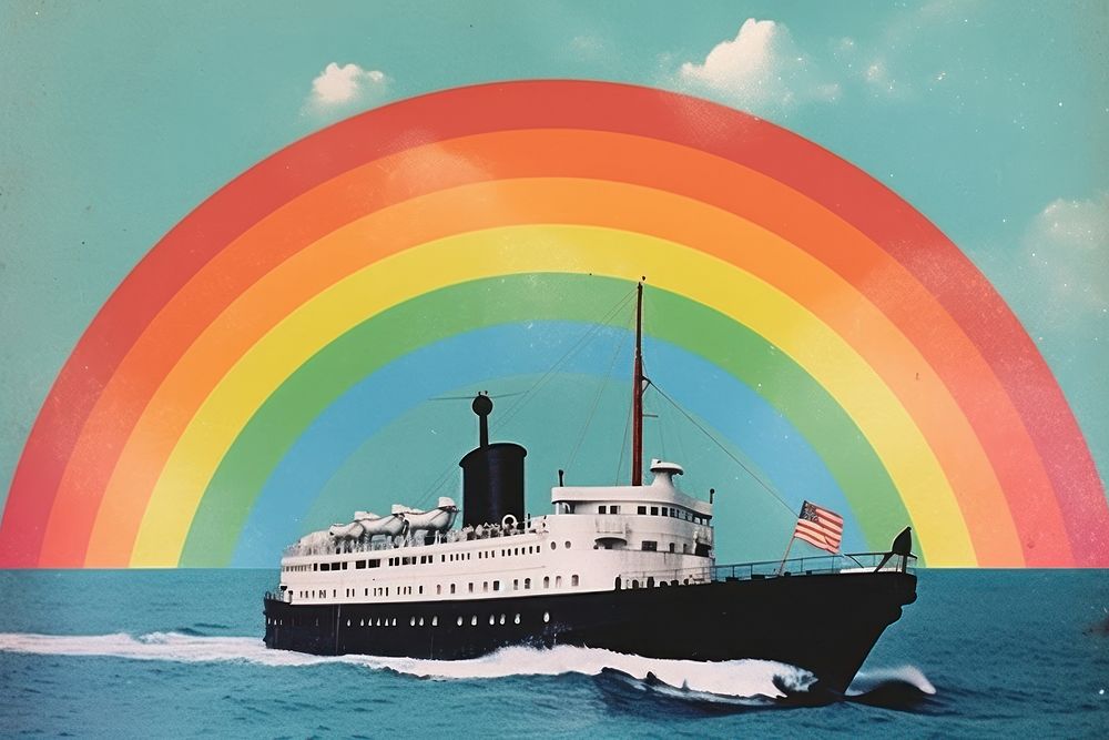 Collage Retro dreamy ship and rainbow outdoors vehicle boat.