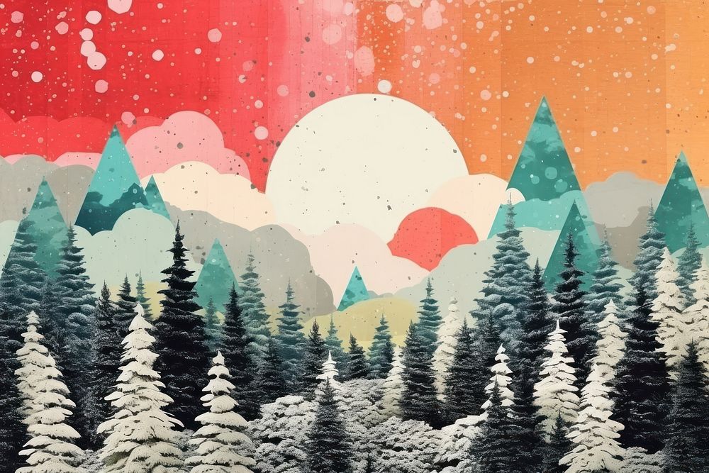 Collage Retro dreamy snow forrest art painting nature.