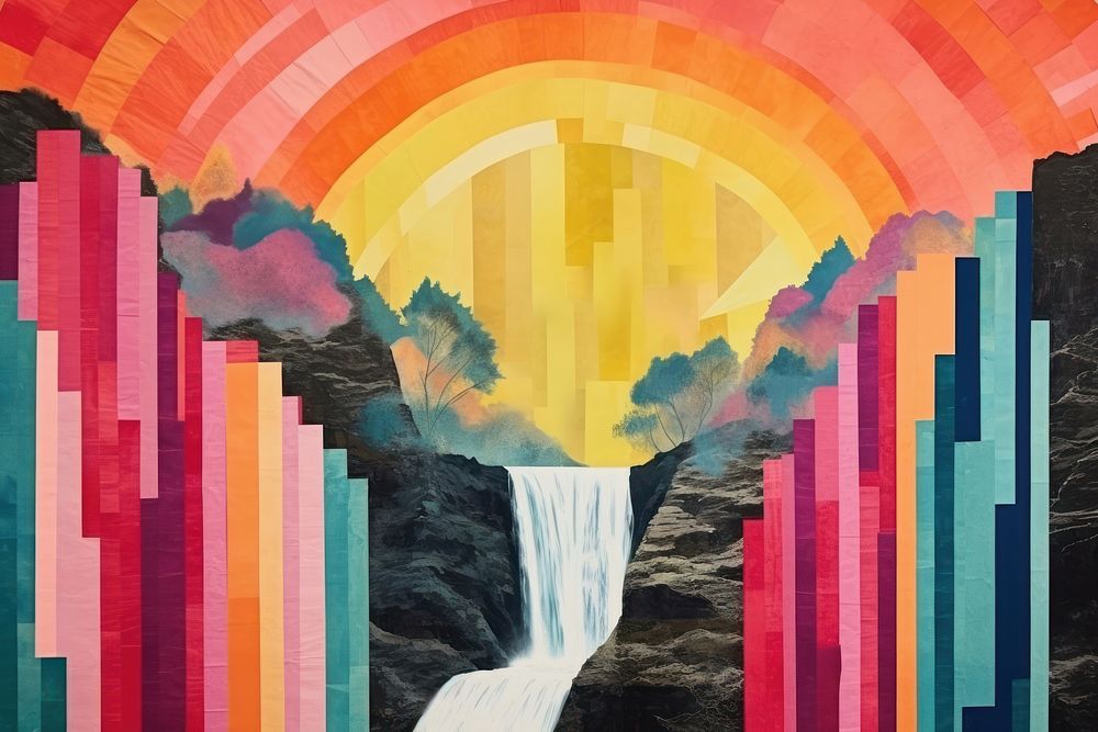 Collage Retro dreamy waterfall painting outdoors collage.