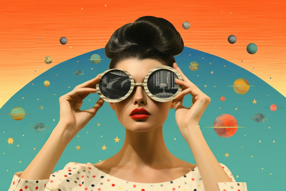 Collage Retro dreamy woman and cosmetic sunglasses portrait adult.