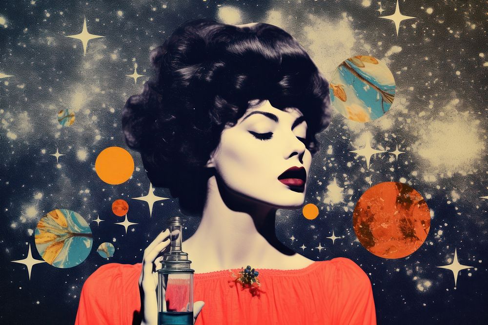 Collage Retro dreamy woman and perfume astronomy portrait adult.