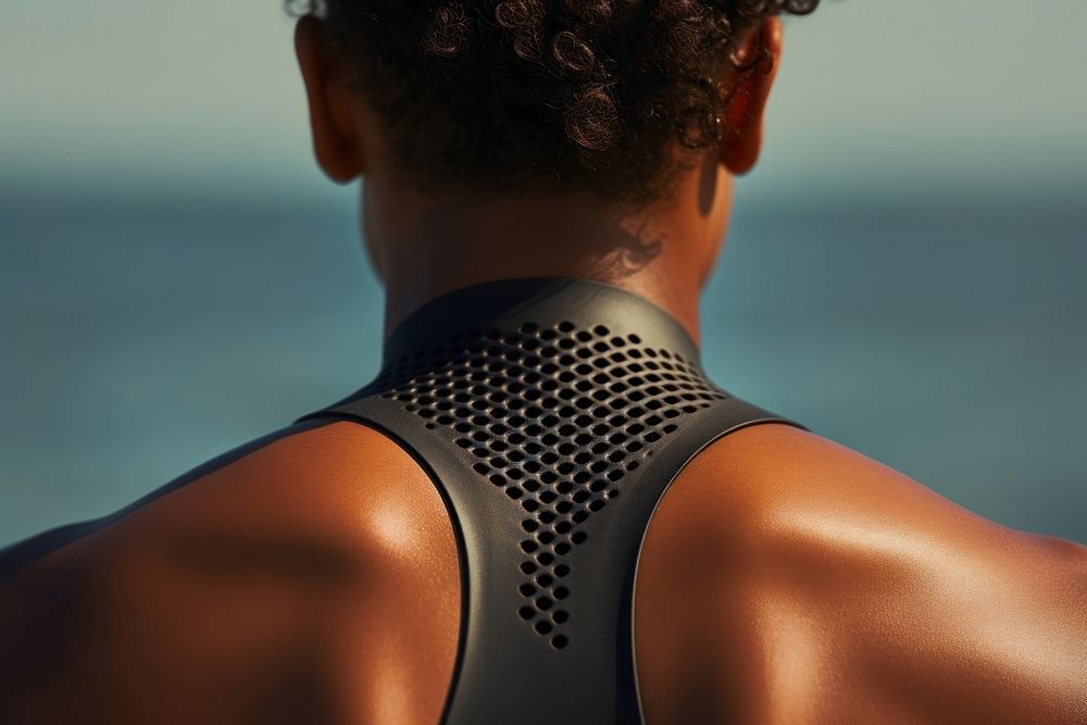 The back of a black person wearing a swimming costume skin exercising hairstyle.