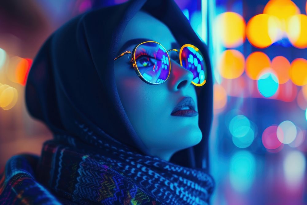 Middle eastern woman light reflection sunglasses.
