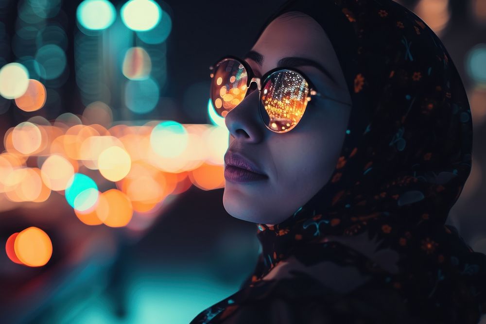 Middle eastern woman reflection sunglasses portrait.