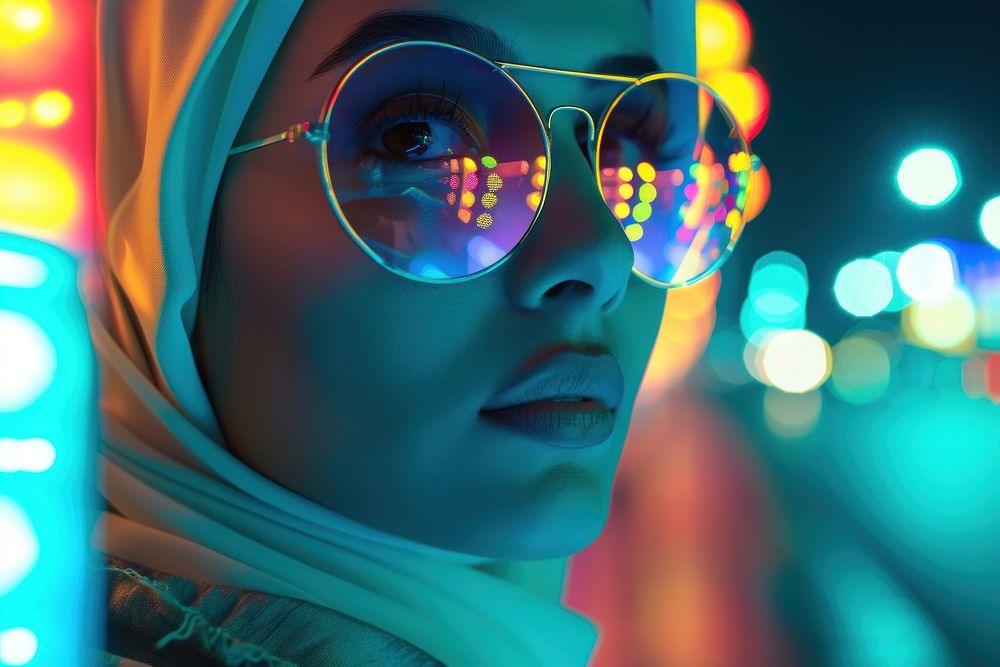 Middle eastern woman light reflection sunglasses.