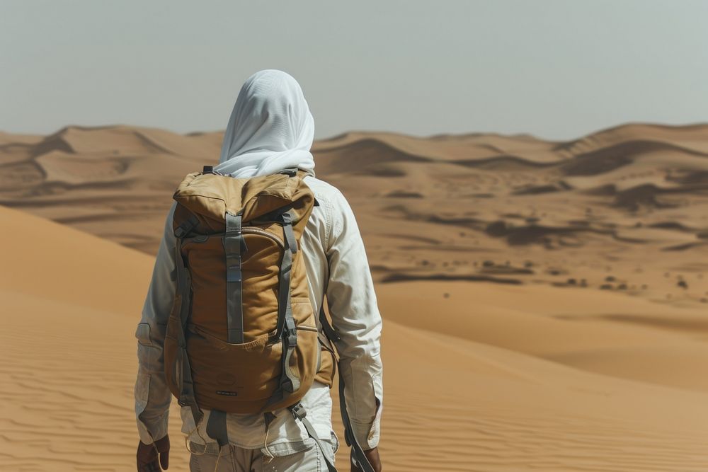 Middle eastern Explorer backpack walking outdoors.
