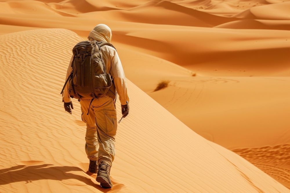 Middle eastern Explorer backpack walking standing.